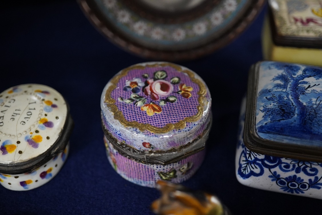 A collection of various 18th century and later trinket/pill boxes, a micro mosaic frame and two small carvings to include a tiger’s eye Scottie dog, frame 10cm in diameter